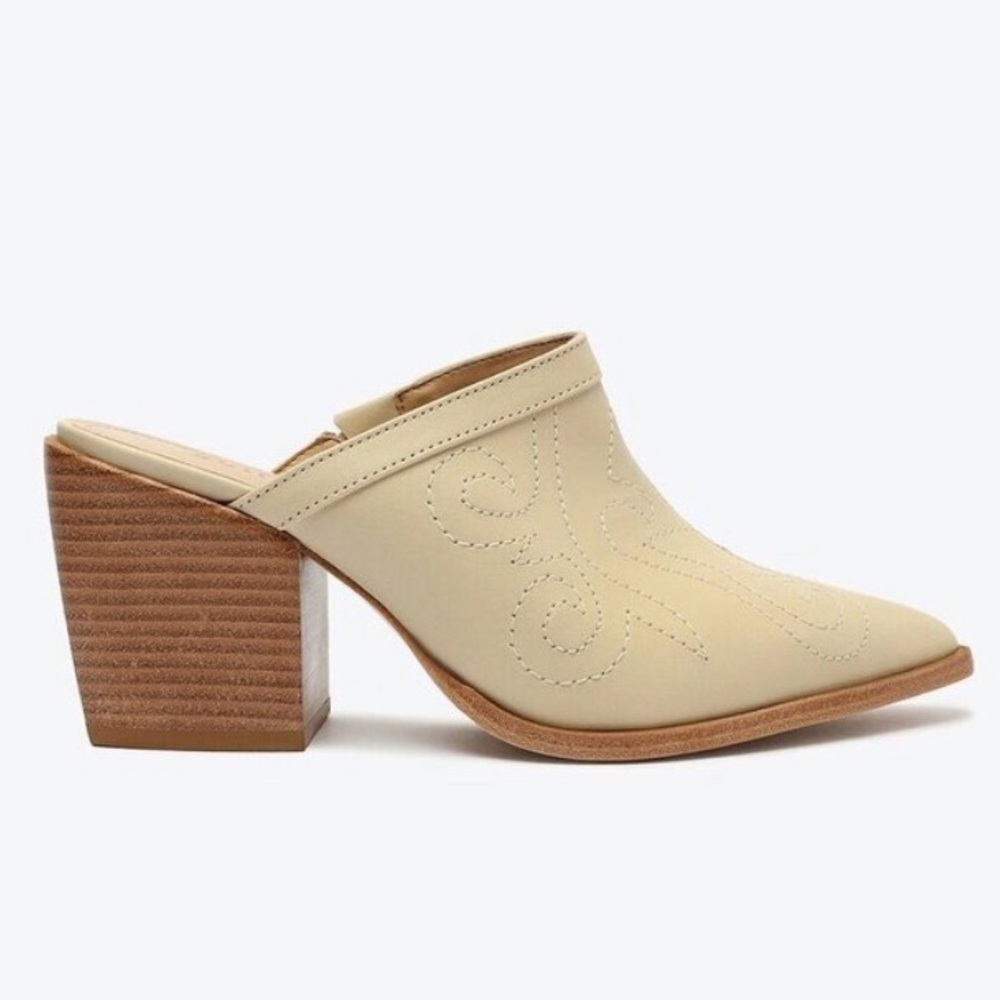 Schutz Zarly Cream Leather Western Stitched Slip On Heel Mules Size‎ 10B